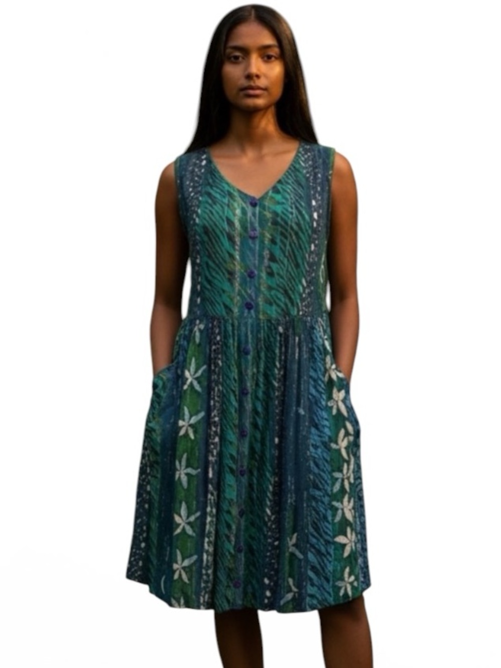 Bila Green and Teal Floral and Animal Print Patterned Midi Dress